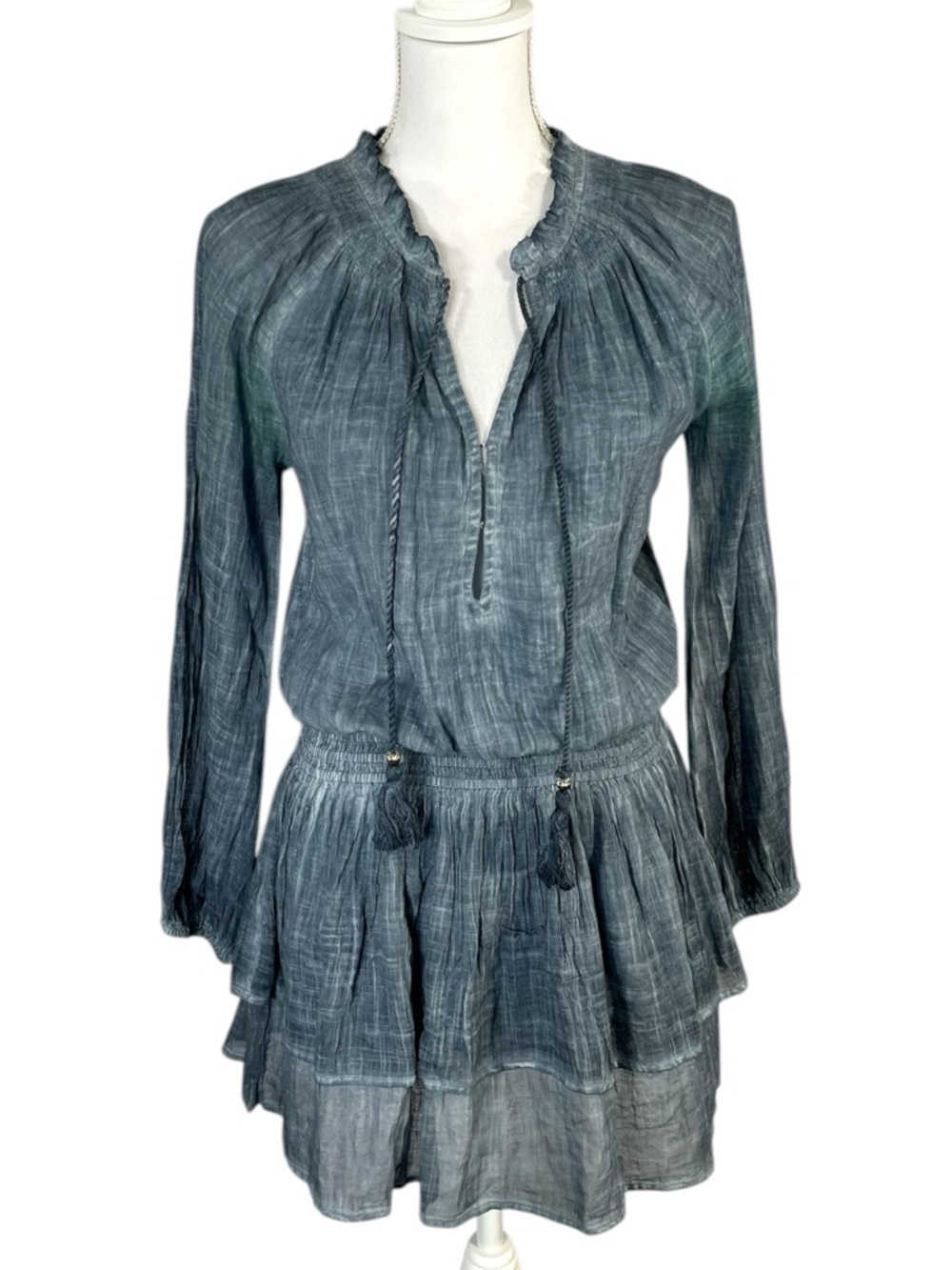 Natural Life blue tie dye smocked long sleeve peasant tunic tiered mini dress S